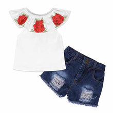 Load image into Gallery viewer, Kids Baby Girl stripe Off Shoulder Hanging neck Top + pink hole pants Outfits Clothes Summer 3Pcs Kid Girls Clothing Set Dtz376