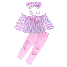 Load image into Gallery viewer, Kids Baby Girl stripe Off Shoulder Hanging neck Top + pink hole pants Outfits Clothes Summer 3Pcs Kid Girls Clothing Set Dtz376