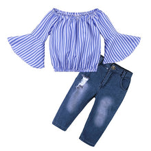 Load image into Gallery viewer, Kids Baby Girl stripe Off Shoulder Hanging neck Top + pink hole pants Outfits Clothes Summer 3Pcs Kid Girls Clothing Set Dtz376