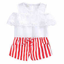 Load image into Gallery viewer, Kids Baby Girl stripe Off Shoulder Hanging neck Top + pink hole pants Outfits Clothes Summer 3Pcs Kid Girls Clothing Set Dtz376