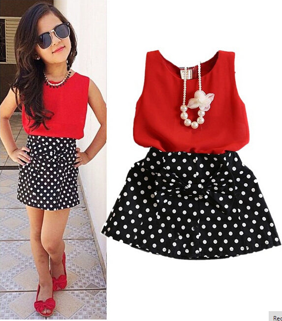 2016 New Summer Fashion Kids Girls Clothes Sleeveless Chiffon Tops Vest Polka Dot Bowknot Skirt Outfits Children  Clothing Sets