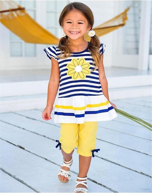 TANGUOANT Summer Girls Clothing Sets Baby Kids Clothes Suit Children Sleeveless Striped T-Shirt +Pants roupas infantil meninas