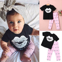 Load image into Gallery viewer, 2016 Kids Baby Girls summer clothes set 2pcs suit Lips Tops and eyelash Pink Pant children&#39;s clothing sets