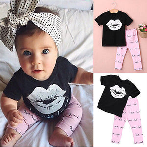 2016 Kids Baby Girls summer clothes set 2pcs suit Lips Tops and eyelash Pink Pant children's clothing sets