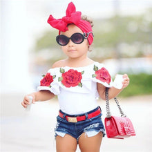 Load image into Gallery viewer, Summer Baby Kids Girls Clothes 3D Flower print sleeveless Ruffle round neck pullover T-Shirts Denim Hole Pants 2pc cotton Set