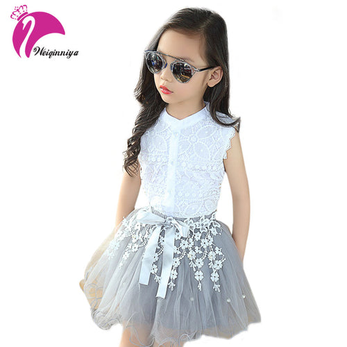 Fashion Baby Girls Clothing Sets New Summer 2017 Sleeveless Tops Tees + Lace Skirt 2 Pcs Suit Casual Children Pullover Clothes