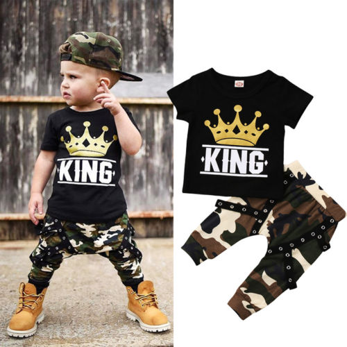Toddler Kids Baby Boys Tops T-shirt Camo Pants 2Pcs Outfits Set Clothes 0-5T