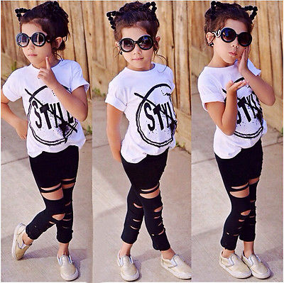 2018 Kids Girls Clothes Set Baby Girl Summer Short Sleeve Print T-Shirt + Hole Pant Leggings 2PCS Outfit Children Clothing Set