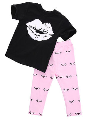 2016 Kids Baby Girls summer clothes set 2pcs suit Lips Tops and eyelash Pink Pant children's clothing sets