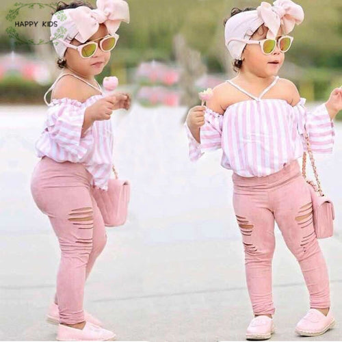 Kids Baby Girl stripe Off Shoulder Hanging neck Top + pink hole pants Outfits Clothes Summer 3Pcs Kid Girls Clothing Set Dtz376