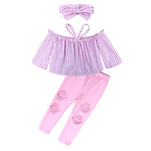 Kids Baby Girl stripe Off Shoulder Hanging neck Top + pink hole pants Outfits Clothes Summer 3Pcs Kid Girls Clothing Set Dtz376