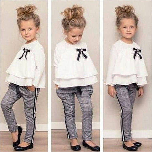 MUQGEW Fashion Baby Kids clothes Girls Clothing Set 2PCs Outfits Ruffle T Shirt Tops+Checked Pants Clothes Set roupas menina